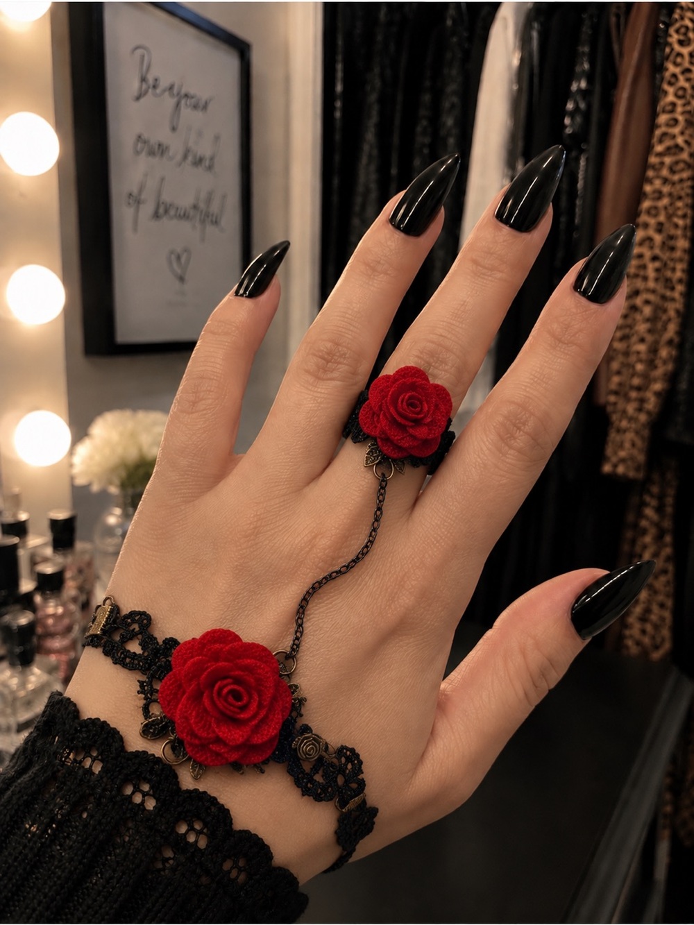 The Eleanor Collection Red Rose Gothic Lace Bracelet Ring Hand Chain